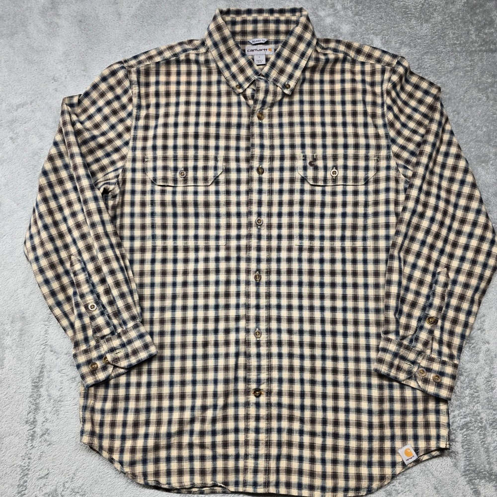 Carhartt Relaxed Fit Plaid Long Sleeve Button Down Shirt Mens‎ L Blue/Tan 100599